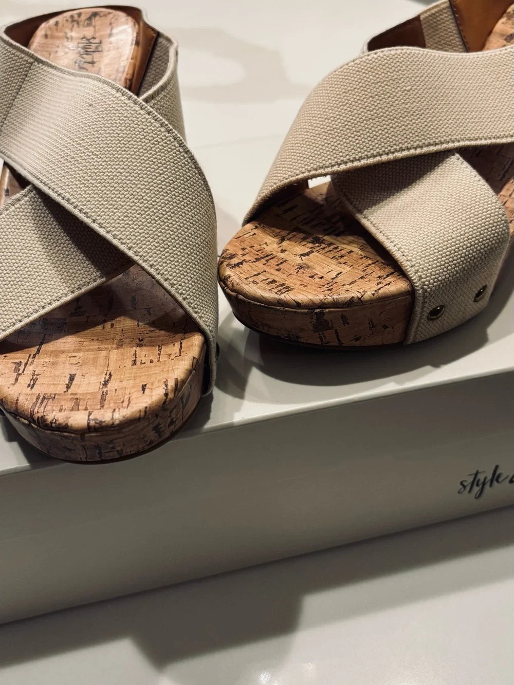 Style & Co. Beige Canvas Cork Platform Wedges